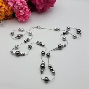 Vintage RMN Silver And Gray Tone Faux Pearl Station Chain Necklace 36" Flapper
